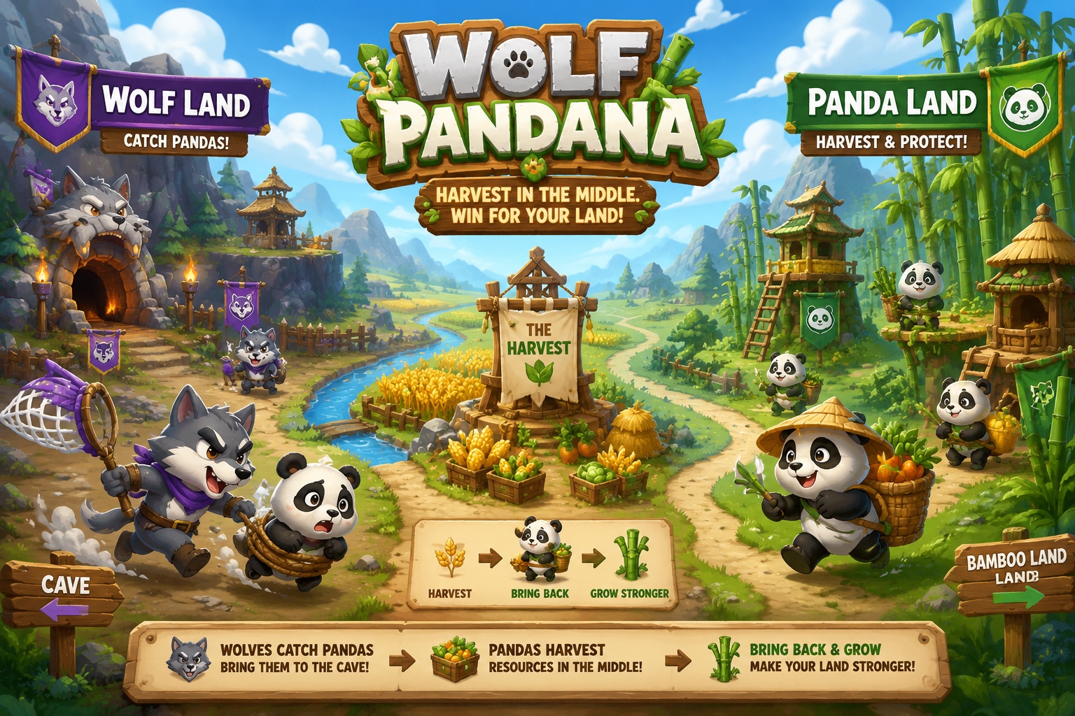 Wolf Pandana — three grey wolves dash out of a cave on the left to chase six bamboo-hatted pandas back to their sunlit grove. A river of harvest crops runs down the middle of the map.