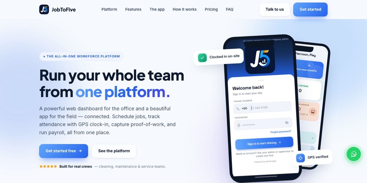 The JobToFive site, showing the field app's sign-in and daily view