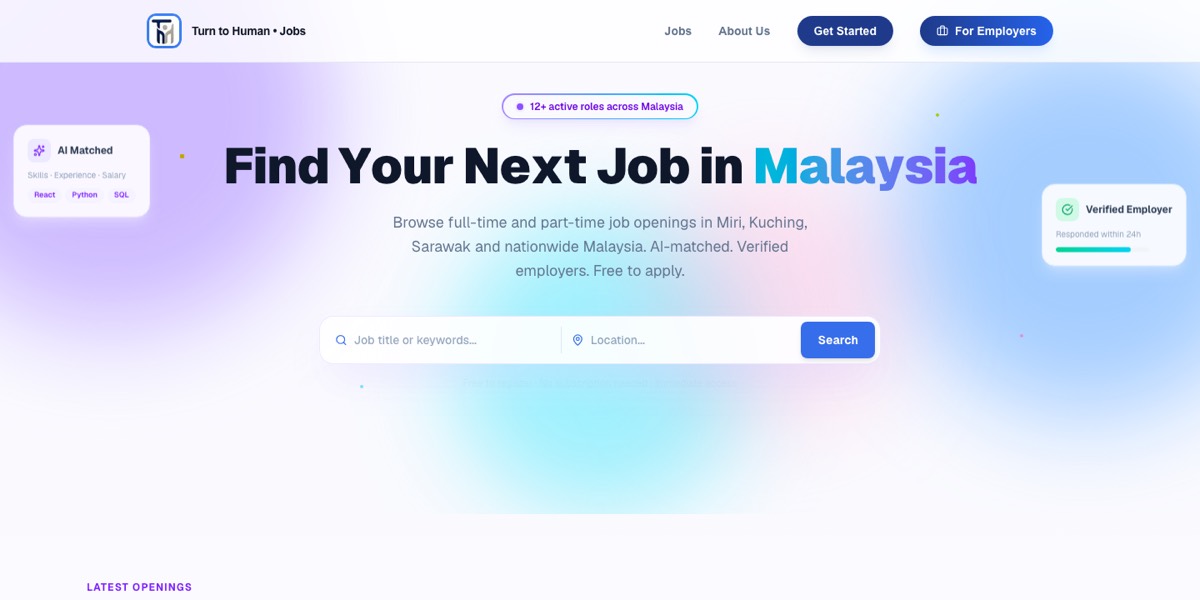 The TurnToHuman Jobs site, showing the candidate job search